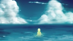 Water clouds ocean long hair green hair scenic skyscapes