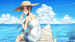 Water clouds ocean Shorts long hair anime girls blue eyes 