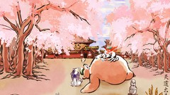 Water clouds pink sakura Bears sleeping Cell calligraphy Zen 