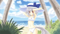 Water clouds red eyes Beaches anime girls short hair gray hair 