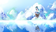 Water clouds red eyes little blue hair long hair boots touhou 