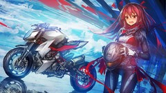 Water clouds red eyes reflections helmets blush long hair anime 