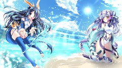 Water clouds sky Anime horns wet white hair blush blue hair 