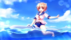 Water clouds sky Anime red eyes barefoot anime girls short hair 