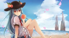 Water clouds sky dress Beaches blue hair barefoot anime girls 