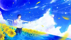 Water clouds summer Sunflowers moon Anime flower petals artwork 