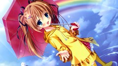 Water clouds Umbrellas anime girls boots rainbows brunettes 