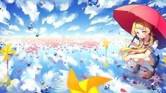 Water clouds Umbrellas blondes skirts long hair anime girls 