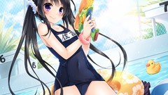 Water clouds weapons Guns Ducks wet schoolgirls long hair anime 