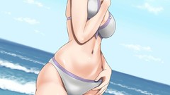 Water clouds woman Anime Beaches blue hair smiling pink eyes 