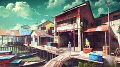 Water clouds woman Anime houses cities