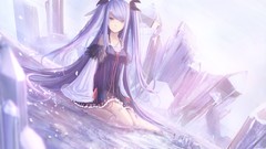 Water crystals dress sitting smiling long hair barefoot anime 