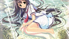 Water design long hair barefoot green eyes seifuku cuffs