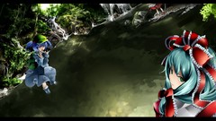 Water dress hats Bags outdoors blue hair anime girls green eyes 