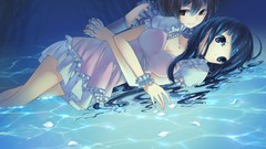 Water dress hugging long hair anime girls black hair black eyes 