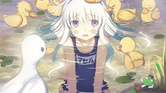 Water Ducks white hair anime girls school swimsuits