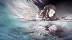 Water feathers dress long hair gray eyes anime girls brunettes 