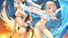Water fire elements Swords angels anime girls demons bikini