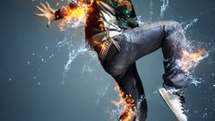 Water fire Men blue background dancing Photo manipulation 