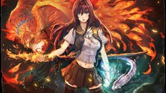 Water fire Swords skirts anime girls blue eyes artwork