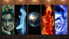 Water fire wind woman air Earth elements Wood panels