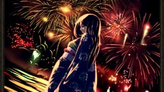Water fireworks kimono long hair anime girls black hair black 