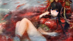 Water fish Anime anime girls blue eyes black hair chinese dress 