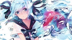 Water fish close-up goldfish faces water drops schoolgirls bows 