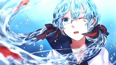 Water fish goldfish faces water drops schoolgirls bows blue 