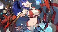 Water fish masks blue hair wink cleavage