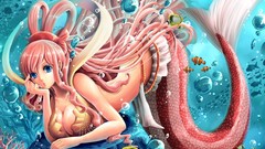 Water fish underwater mermaids pink hair long hair cleavage 