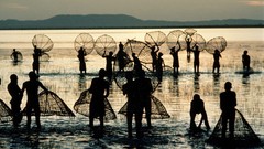 Water fishermen Africa silhouettes lakes nets