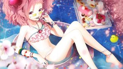 Water food Ducks wings pink hair pink eyes anime girls bikini