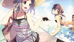 Water hats Bags Cameras Beaches skirts smiling brown eyes 