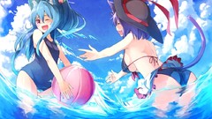 Water hats blue hair anime girls touhou nekomimi animal ears 
