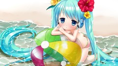 Water headphones Anime Beaches blue hair long hair barefoot 