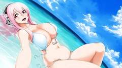 Water headphones Beaches pink hair anime girls skies super 