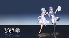 Water headphones dress red eyes blue hair barefoot short hair 