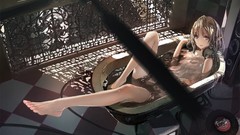 Water headphones elves bathing wires long hair gray eyes anime 