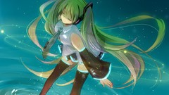 Water headphones long hair hatsune miku vocaloid green hair 