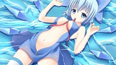 Water ice wings dress navel Ribbons blush anime girls blue eyes 