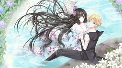 Water kimono blondes long hair anime girls blue eyes short hair 