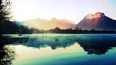 water Lake Mountains landscape nature calm pier boat sunlight