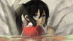 Water long hair anime girls blue eyes black rock shooter black 