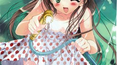 Water long hair anime girls green eyes brunettes