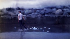 Water Men walk leash Photo manipulation paper boat