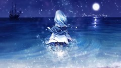 Water moon ships Beaches anime girls skyscapes