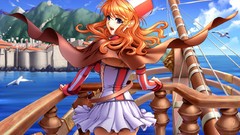 Water Mountains board Anime fortress chip seagulls anime girls 