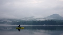 Water Mountains clouds Boats lakes waterscapes