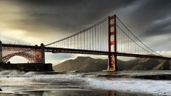 Water Mountains panorama San Francisco Bridges rocks waves 